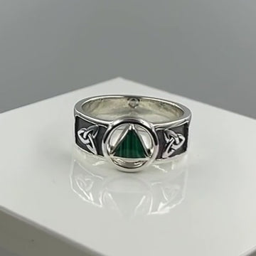 Silver Celtic Trinity Knot Men Ring with Inlaid Recovery Symbol TRI2434